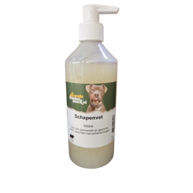 Schapenvet voor honden in een bak, rijk aan omega-3 en omega-6 vetzuren voor een gezonde vacht en gewrichten.